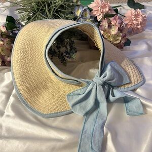 Tahari Sun Hat with Blue Bow and Elastic Strap for Perfect fit